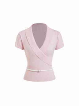Cider - Knit Women's V-Neck Wrap Belted Top Pink