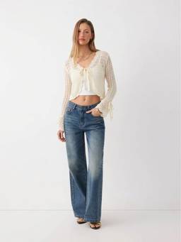 Cider - Knit Women's V-Neck Tie-Up Bell Sleeve Crop Top Cream