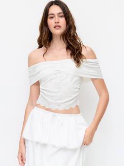 Cider - Floral Lace Women's Off-Shoulder Crop Top White
