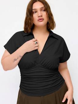 Cider - Cotton Blend Women Ruched V-Neck Short Sleeve Blouse Black