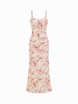 Cider - Mesh Sweetheart Women's Floral Ruched Maxi Dress Beige