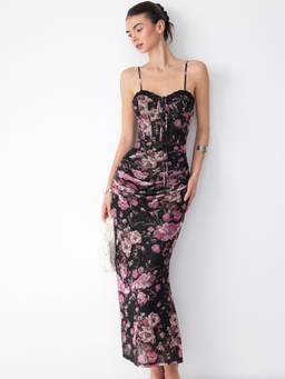 Cider - Mesh Women's Floral Ruched Sweetheart Maxi Dress Charcoal