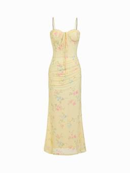 Cider - Mesh Women's Floral Ruched Sweetheart Maxi Dress Yellow