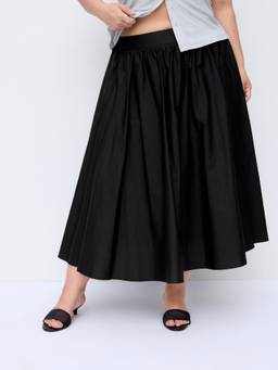 Cider - Draped Pleated Women’s Mid-Rise Flared Midi Skirt Black