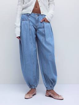 Cider - Washed Denim Women's Low-Rise Drawstring Barrel-Leg Jeans Light Blue