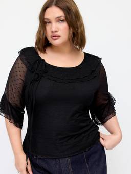 Cider - Mesh Polka Dot Women Bell Sleeve Knotted Lettuce Trim Top Black
