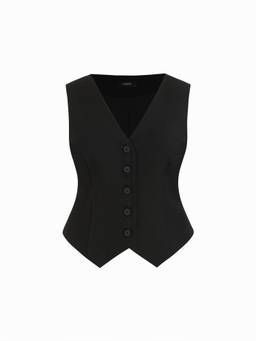 Cider - V-Neck Women Button Front Cinched Waist Blazer Vest Black