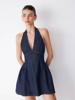 Cider - Denim Women's Halter Backless Flared Mini Dress Navy Blue