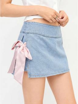 Cider - Washed Denim Women Low Rise Bow A-Line Mini Skort Blue