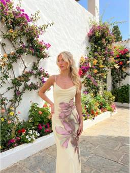 Cider - Mesh Floral Women Cowl Neck Mermaid Maxi Dress Beige