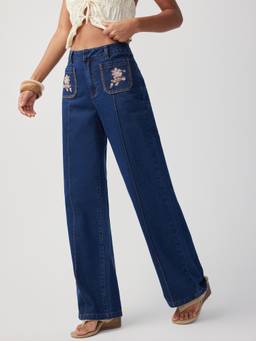 Cider - Floral Embroidery Women High-Waist Straight-Leg Jeans Navy Blue