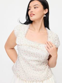 Cider - Cotton Blend Women Floral Square Neck Lace Trim Blouse Pink