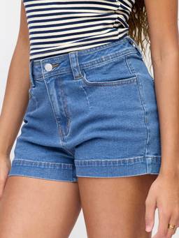 Cider - Stretch Denim Women's High Waist Washed Denim Shorts Navy Blue