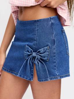 Cider - Stretch Denim Women Bow Detail Low-Waist Mini Skirt Blue