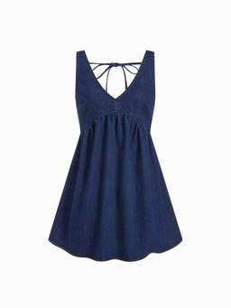 Cider - Denim Women's V-Neck Tie-Back A-Line Mini Dress Navy Blue