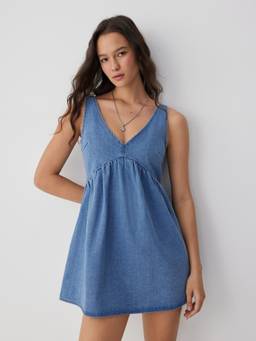 Cider - Denim Women's V-Neck Tie-Back A-Line Mini Dress Navy Blue