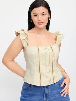 Cider - Textured Women's Ruffled Halter Neck Blouse Beige