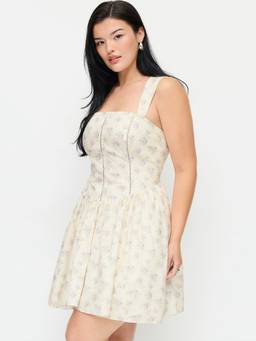 Cider - Cotton Blend Women Floral Square Neck A-Line Mini Dress Cream