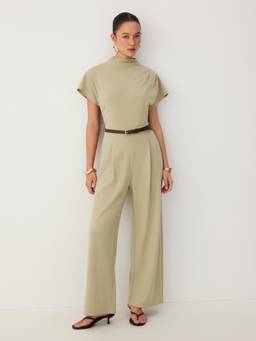 Cider - Women's Ruched Stand Collar Straight-Leg Jumpsuit Khaki