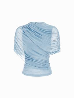 Cider - Mesh Women's Ruched Round Neck Top Blue