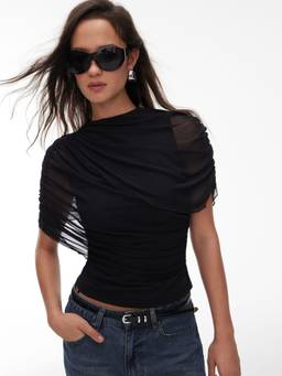 Cider - Mesh Women's Ruched Round Neck Top Black