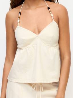 Cider - Beaded Women's Halter Neck Oversized Cami Top Beige