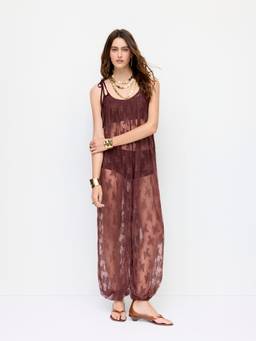 Cider - Lace Women's Oversized Sheer Square Neck Barrel Leg Jumpsuit Brown