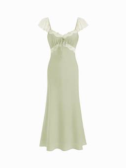 Cider - Satin Women's Sweetheart Ruffle Sleeve Lace Maxi Dress Green