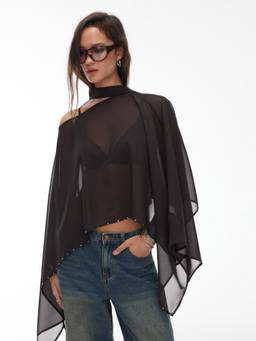 Cider - Chiffon Women's Sheer Boat Neck Cape Top Coffee