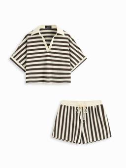 Cider - Color-Blocked Stripes Women’s Oversized Collar Co-ord Set Brown