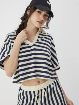 Cider - Color-Blocked Women's Oversized Striped Collar Co-ord Set Navy Blue