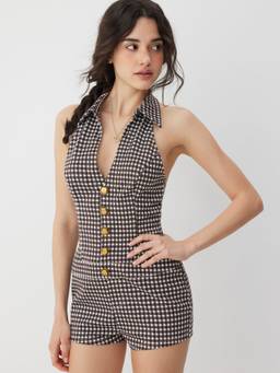 Cider - Plaid Women's Halter Neck Button Detail Playsuit Brown
