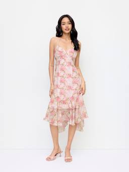 Cider - Chiffon Floral Women V-Neck Layered Mermaid Midi Dress Pink