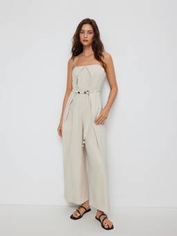 Cider - Linen-Blend Women's Mid-Rise Straight-Leg Jumpsuit Beige