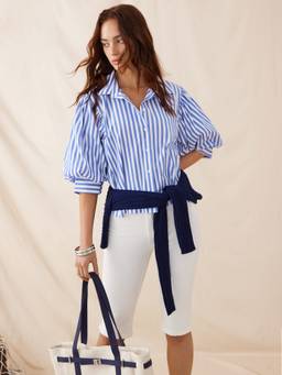 Cider - Cotton Striped Women's Lantern Sleeve Collar Blouse Blue