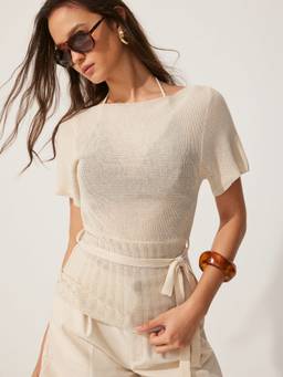 Cider - Knit Women's Tie-Waist Boat Neck Top Beige