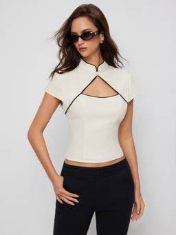 Cider - Linen-Blend Women Cut-Out Stand Collar Blouse Cream