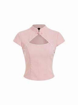 Cider - Linen Blend Women Cut-Out Stand Collar Blouse Pink