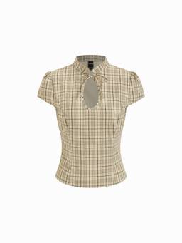 Cider - Gingham Women's Puff Sleeve Mandarin Neck Blouse Khaki