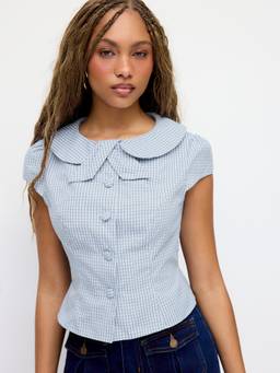 Cider - Cotton Blend Women's Gingham Peter Pan Collar Blouse Blue