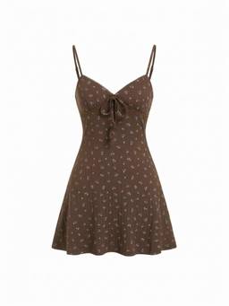 Cider - Textured Women's Floral Sweetheart Bow Flared Mini Dress Brown