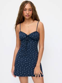 Cider - Textured Women's Floral Sweetheart Flared Mini Dress Navy Blue