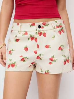 Cider - Cotton Women's Mid-Waist Strawberry Graphic Micro Shorts White