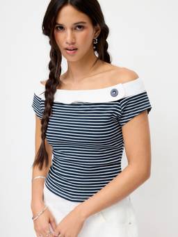 Cider - Cotton Blend Women Striped Asymmetrical Neck Tee Navy Blue