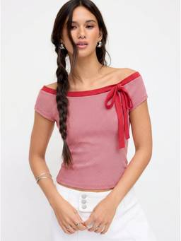 Cider - Striped Women's Boat Neck Bow Detail Tee Red