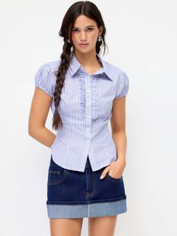 Cider - Striped Women's Puff Sleeve Ruched Blouse Baby Blue