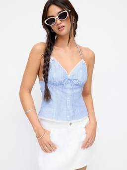 Cider - Striped Women Halter Neck Lace Trim Cami Top Light Blue