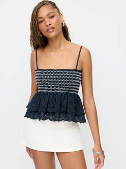 Cider - Broderie Anglaise Women's Shirred Ruffle Crop Cami Top Navy Blue