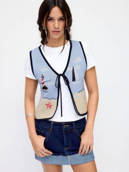 Cider - Beach Scenery Women Tie-Up V-Neck Vest Blue