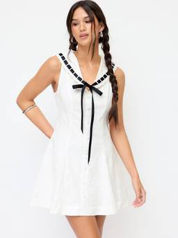 Cider - Broderie Anglaise Women's Contrast Bow Flared Mini Dress White